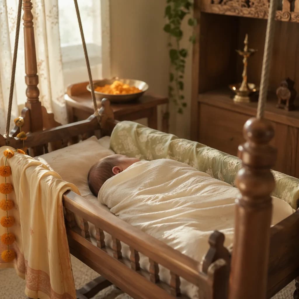 Sleeping newborn in a soft Indian-inspired pastel nursery with warm natural light.