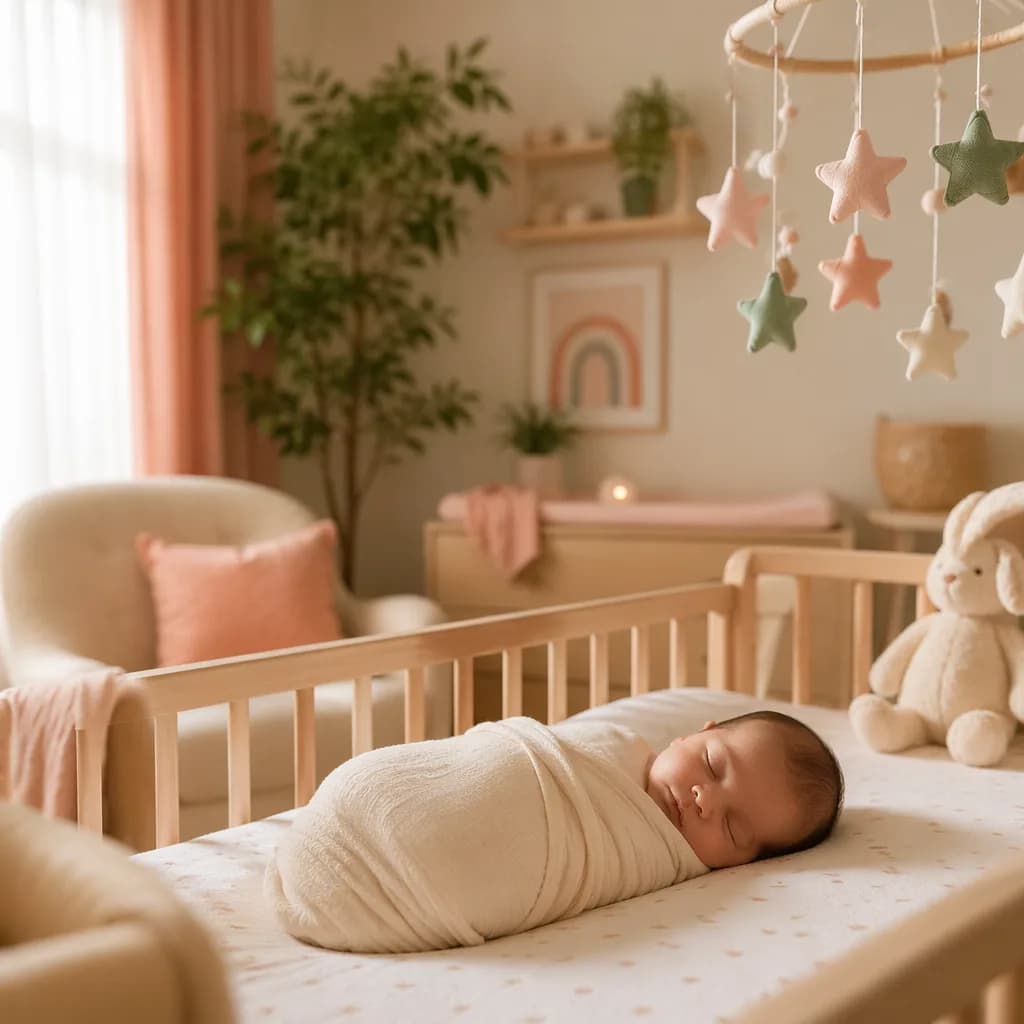 Sleeping swaddled baby in a soft Persian-inspired nursery with a star mobile.