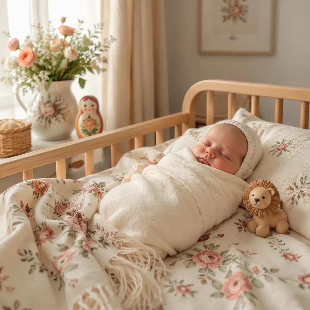 Peaceful swaddled baby in a soft pastel nursery with a wooden lion toy and floral accents.