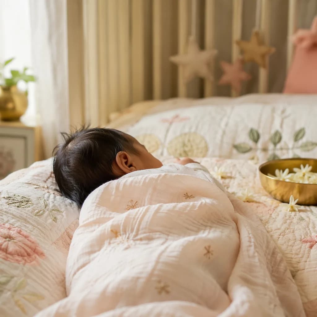 A peaceful Bengali newborn in a pastel nursery with soft kantha details and jasmine flowers.