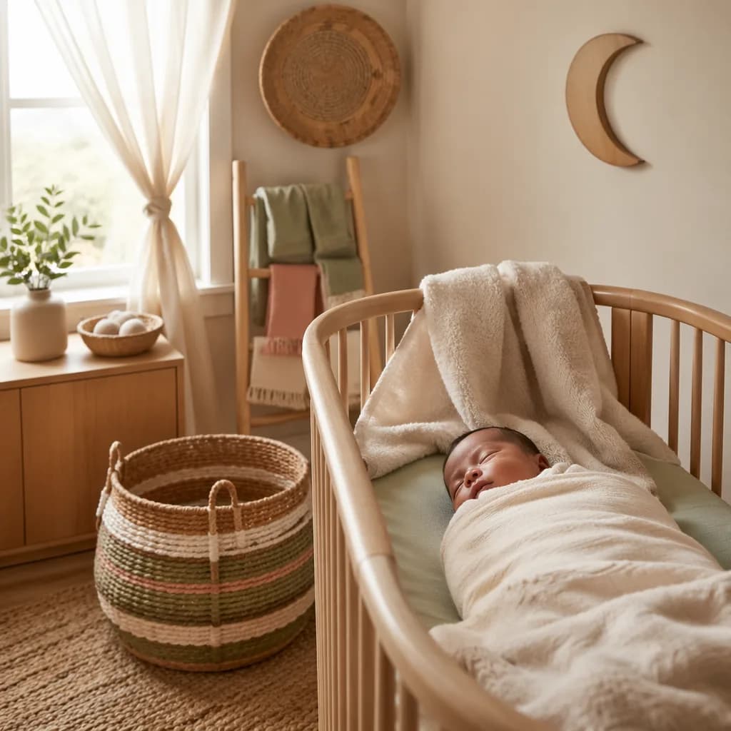 A peaceful swaddled baby in a warm pastel nursery with woven decor and soft natural light.
