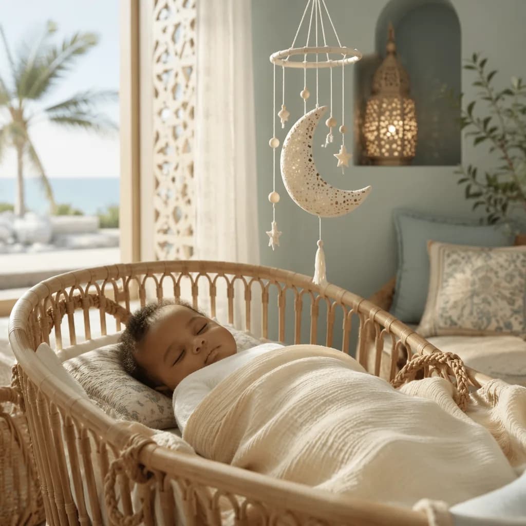 Sleeping baby in a soft Swahili-inspired nursery with a crescent moon mobile.