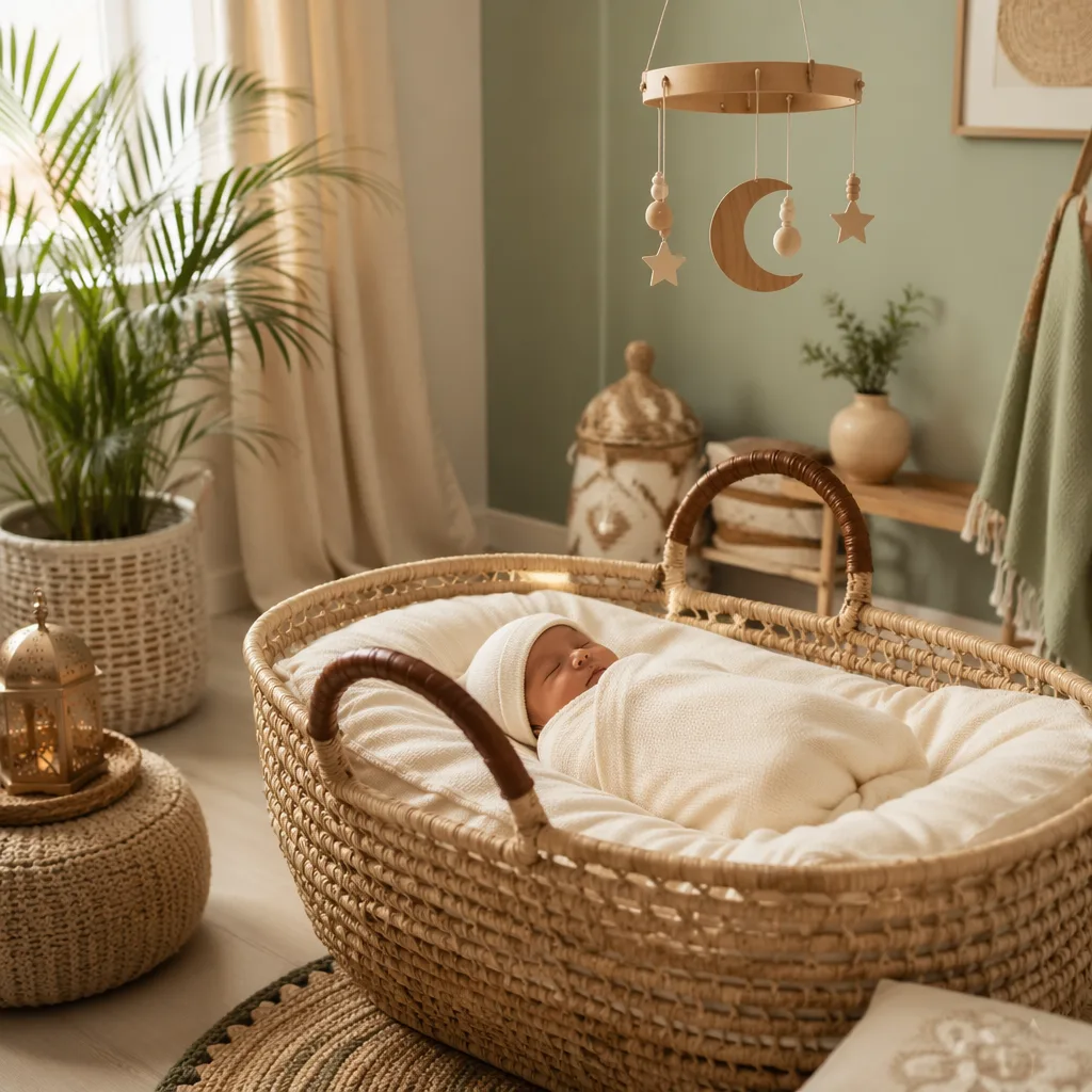 Sleeping swaddled baby in a warm pastel nursery with woven details and a crescent mobile.