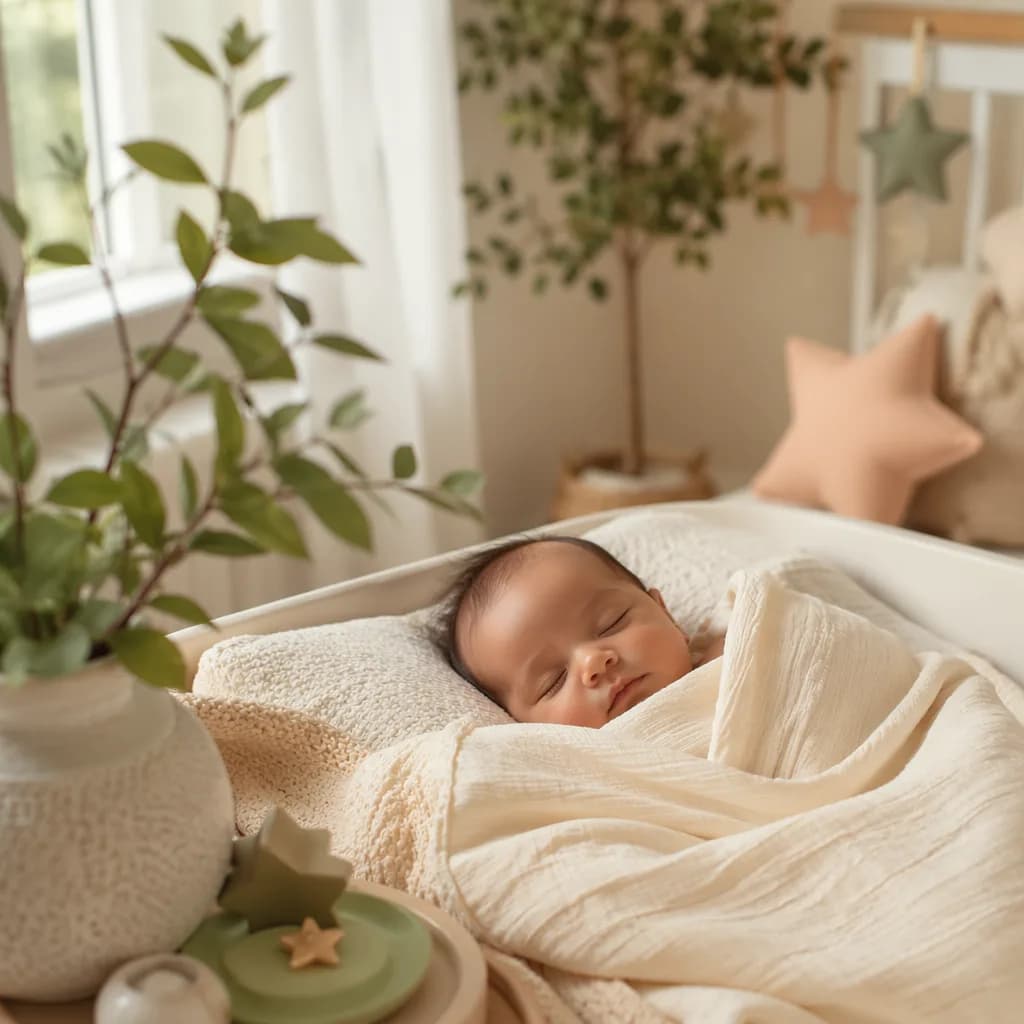 Peaceful newborn in a pastel nursery with soft leaves inspired by the name Rameen Sidra Siddiqui.