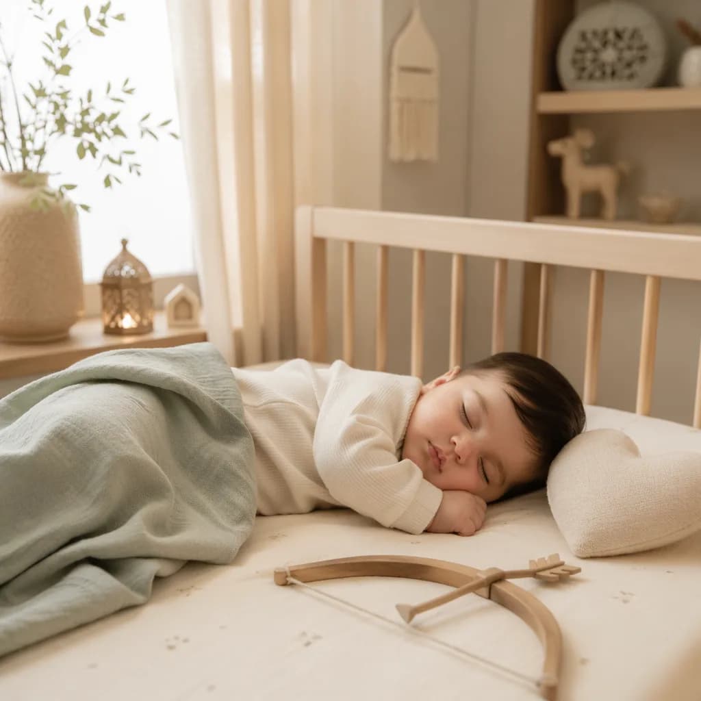 Sleeping baby in a soft Arabic-inspired nursery with a toy bow and heart cushion.