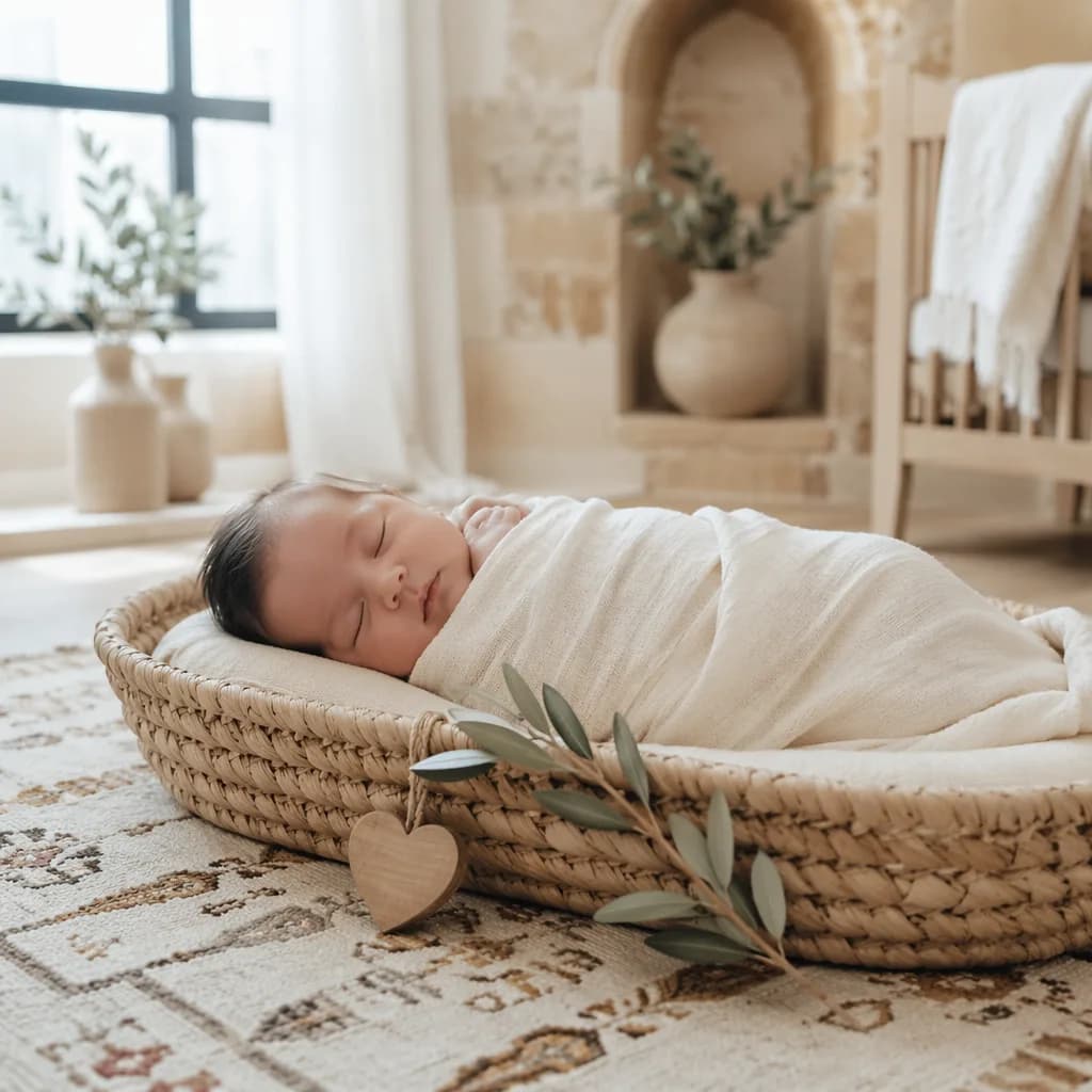 Sleeping newborn in a warm pastel nursery with subtle Arabic-inspired decor.