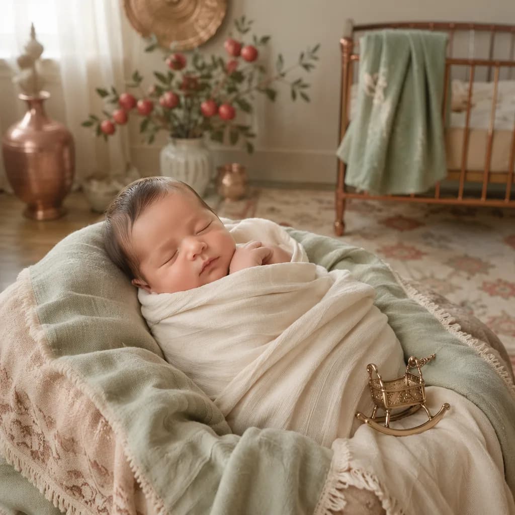 Sleeping baby in a soft Persian-inspired nursery with warm pastel decor.