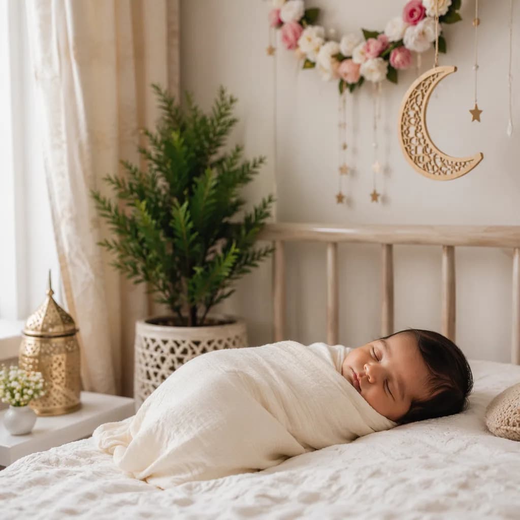 A serene pastel nursery with a swaddled sleeping baby and gentle Urdu-inspired decor.
