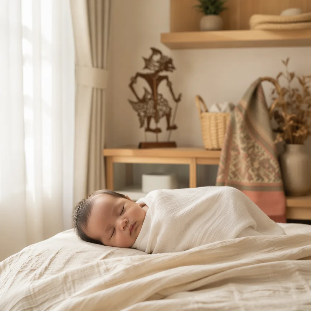 Sleeping baby in a warm pastel nursery with subtle Indonesian decor.