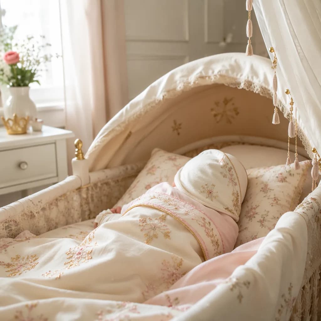 Peaceful baby in a soft pastel Urdu-inspired nursery.