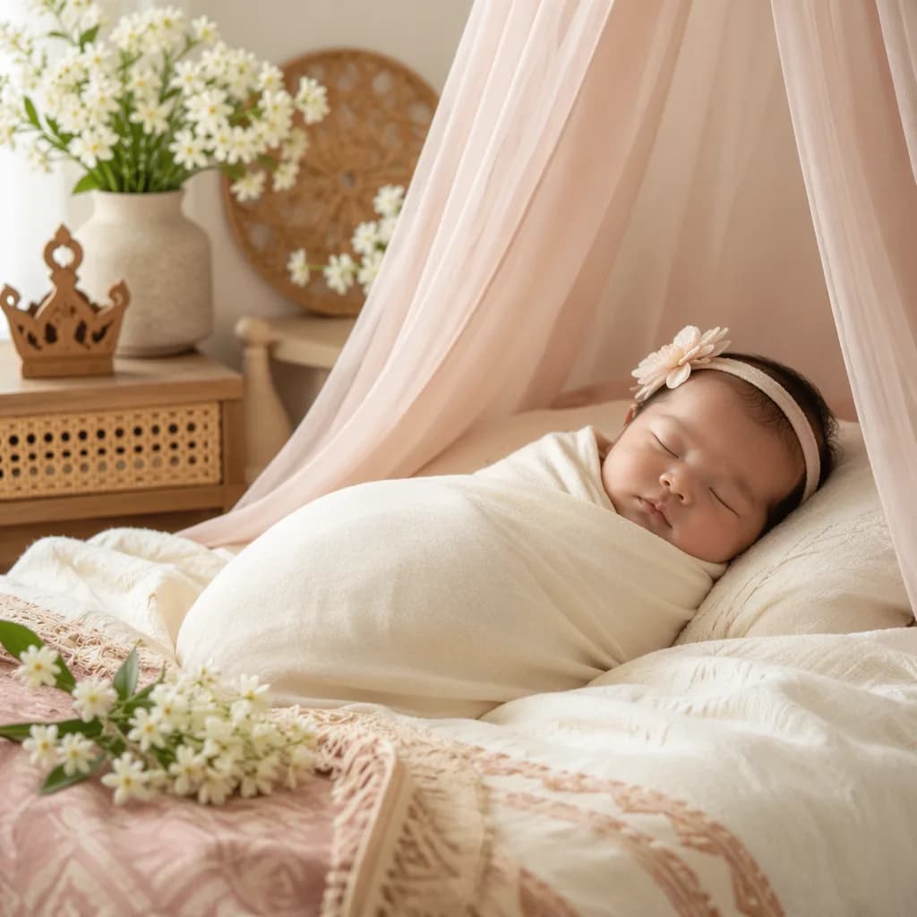 Sleeping baby in a soft pastel nursery with jasmine flowers and a small crown charm.