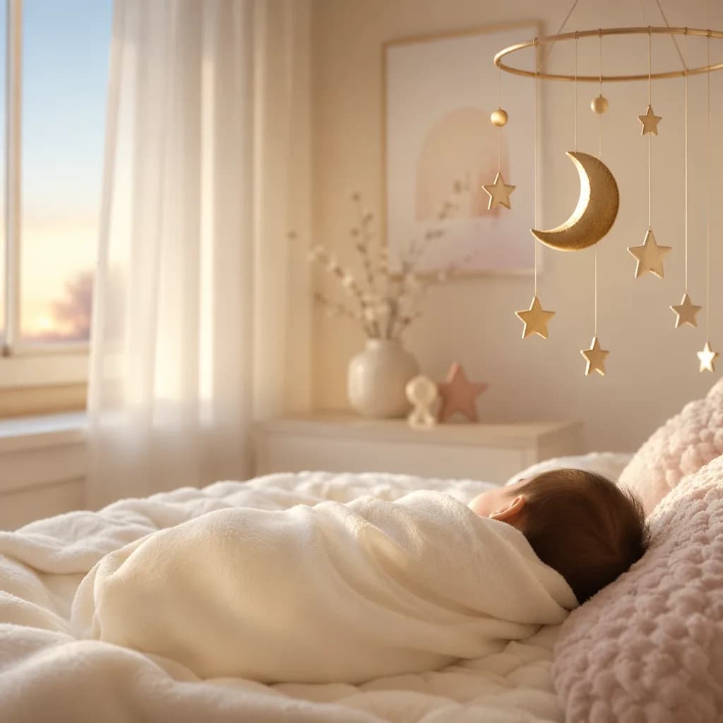 Soft pastel Arabic nursery scene with a sleeping swaddled baby and crescent star mobile.