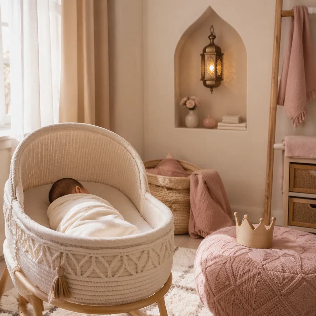 Soft pastel nursery with a swaddled baby, warm light, and subtle Arabic-inspired decor for the name Rania