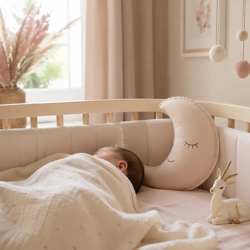 Soft pastel nursery with a sleeping baby, gazelle decor, and gentle natural light.