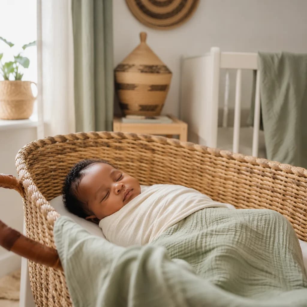 A serene pastel nursery with a swaddled sleeping baby and woven decor.