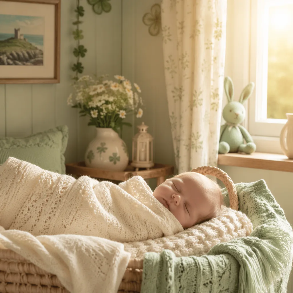 Sleeping baby in a soft Irish-inspired pastel nursery with warm natural light.