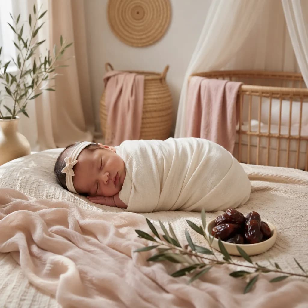 Sleeping swaddled baby in a soft pastel Arabic-inspired nursery with dates and olive branch.