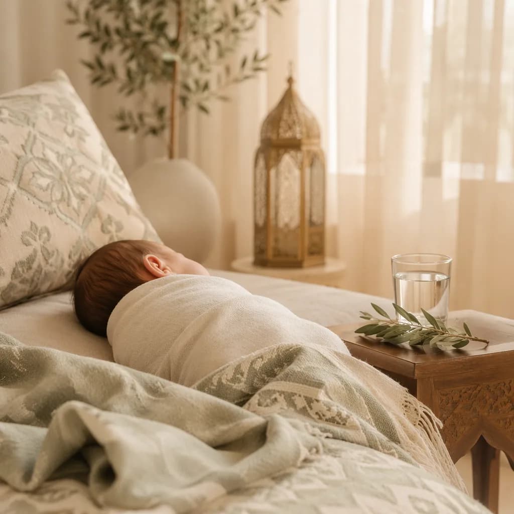 A peaceful newborn in a warm pastel Arabic-inspired nursery with soft natural light.