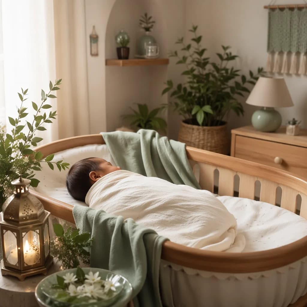 Peaceful baby in a pastel nursery with soft greenery and gentle natural light.