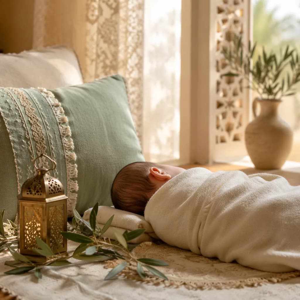 A peaceful baby nursery with a swaddled sleeping baby, soft sage tones, olive branches, and warm natural light.