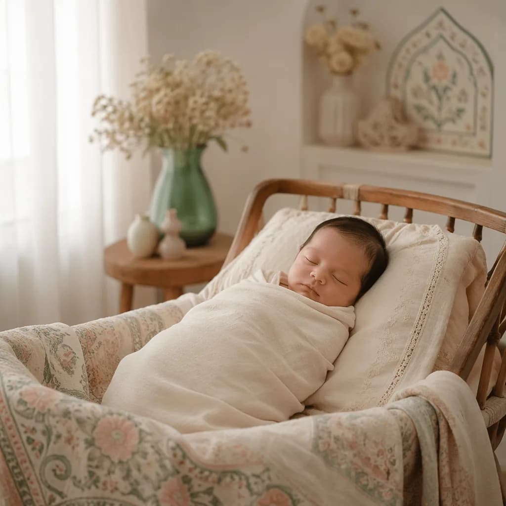Sleeping newborn in a soft Persian-inspired nursery with warm pastel decor.