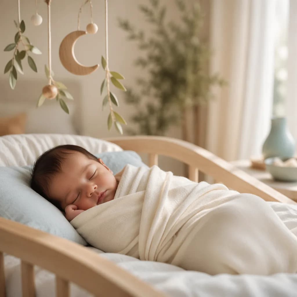 Sleeping baby in a soft pastel Arabic-inspired nursery with gentle natural light