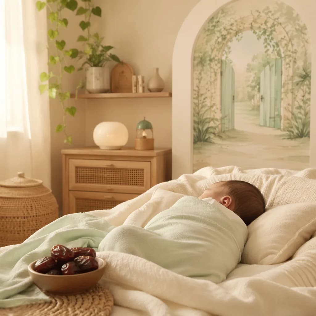 Sleeping baby in a soft pastel nursery with dates, greenery, and warm natural light.