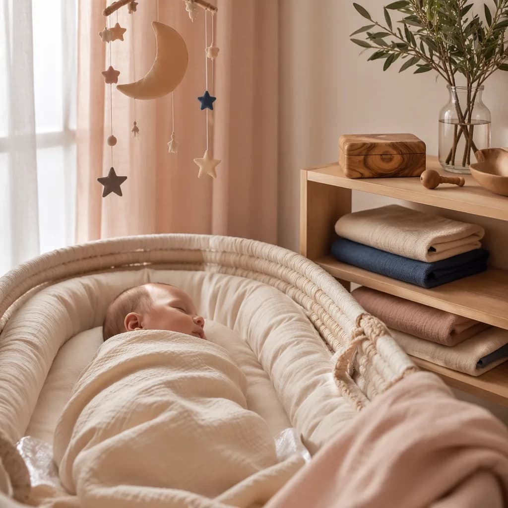 A peaceful pastel nursery with a sleeping baby, crescent moon mobile, and soft natural light.