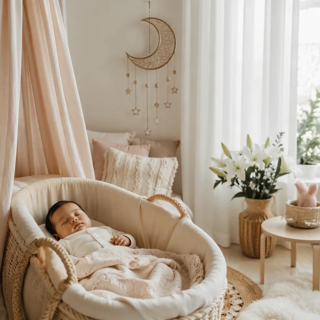 A serene pastel nursery with a sleeping baby, crescent mobile, and soft flowers.