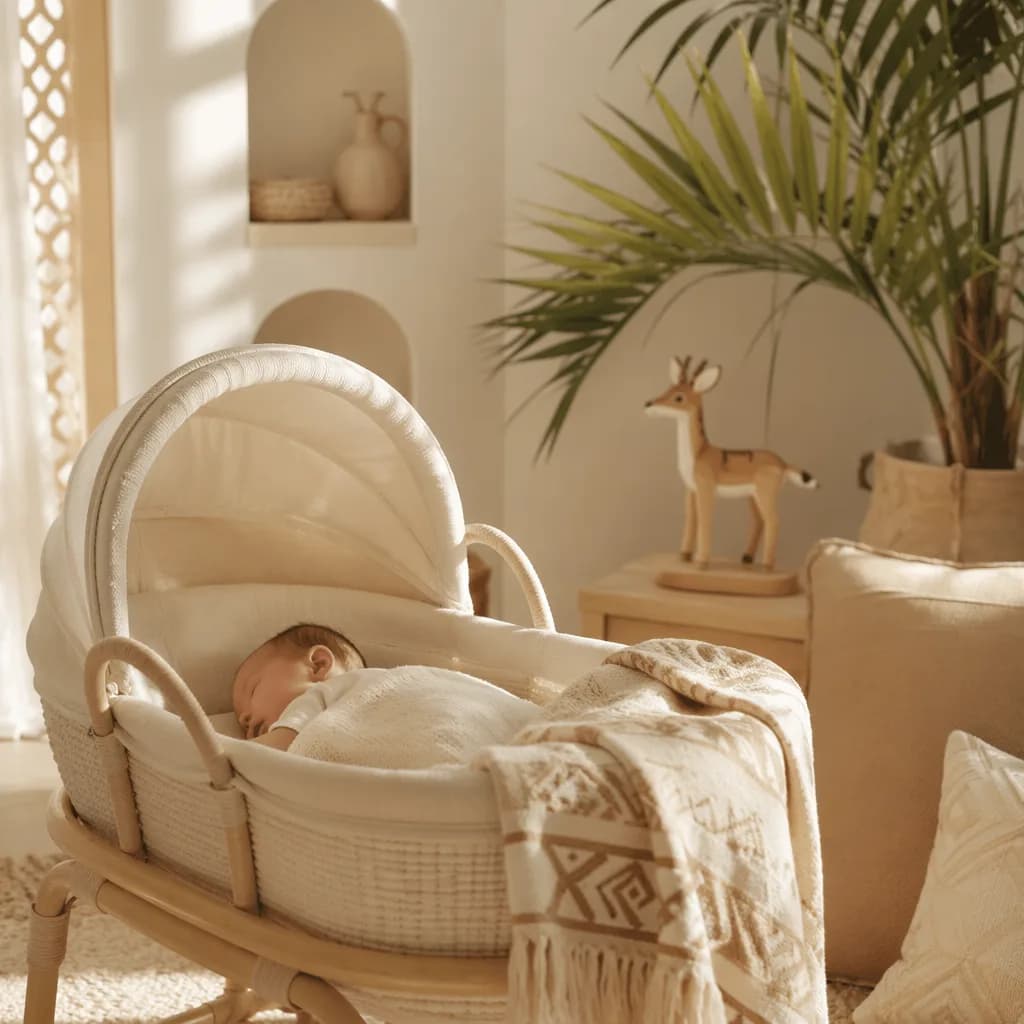 Soft pastel Arabic-inspired nursery with a sleeping baby and a small wooden gazelle figurine.