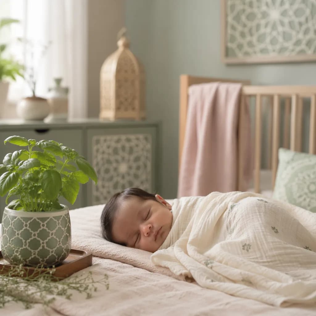 A peaceful newborn in a soft nursery beside fresh rehan greenery.