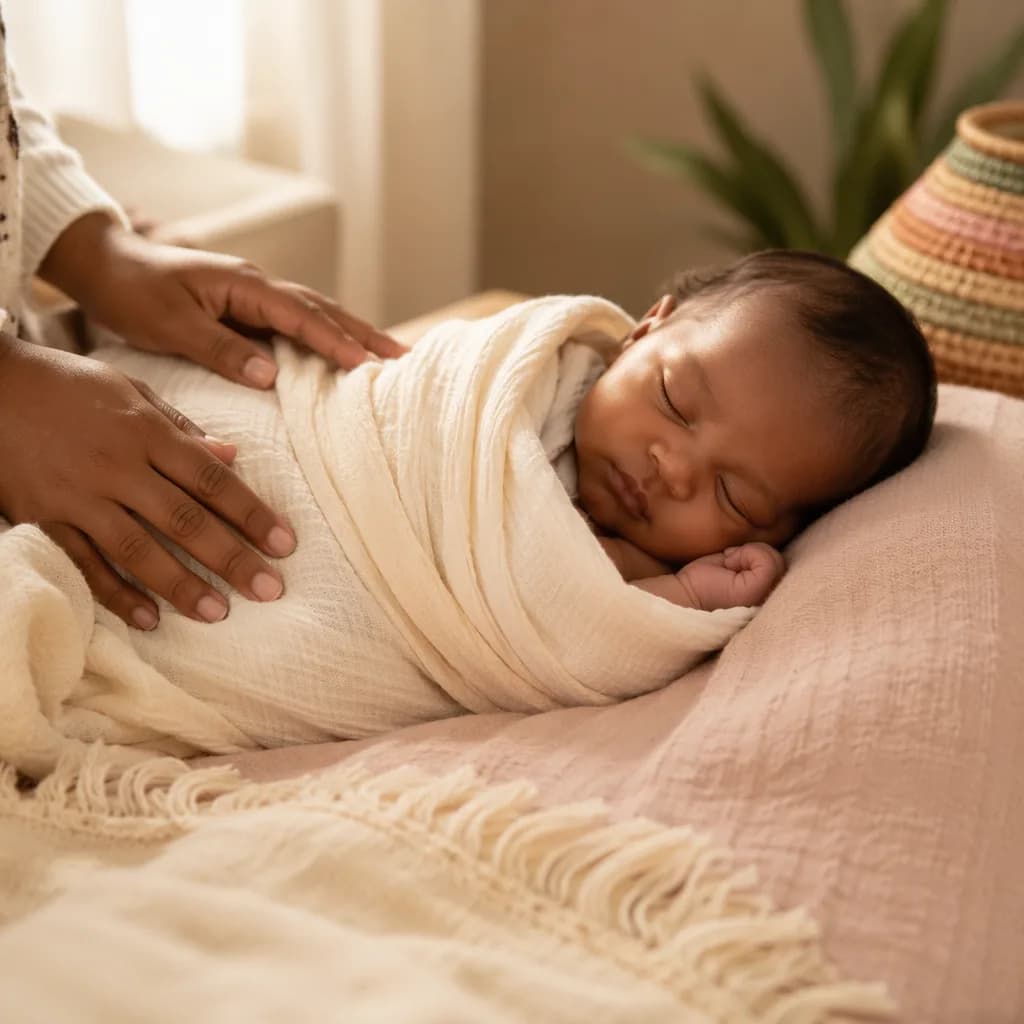 A peaceful swaddled baby in a warm, softly lit nursery with gentle natural textures.