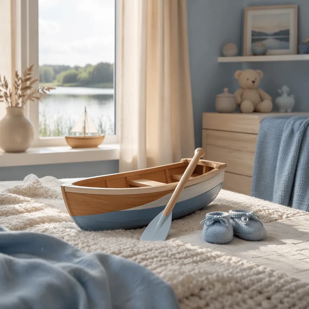 Cozy pastel nursery still life with a toy rowboat, tiny oar, and baby booties in soft natural light.