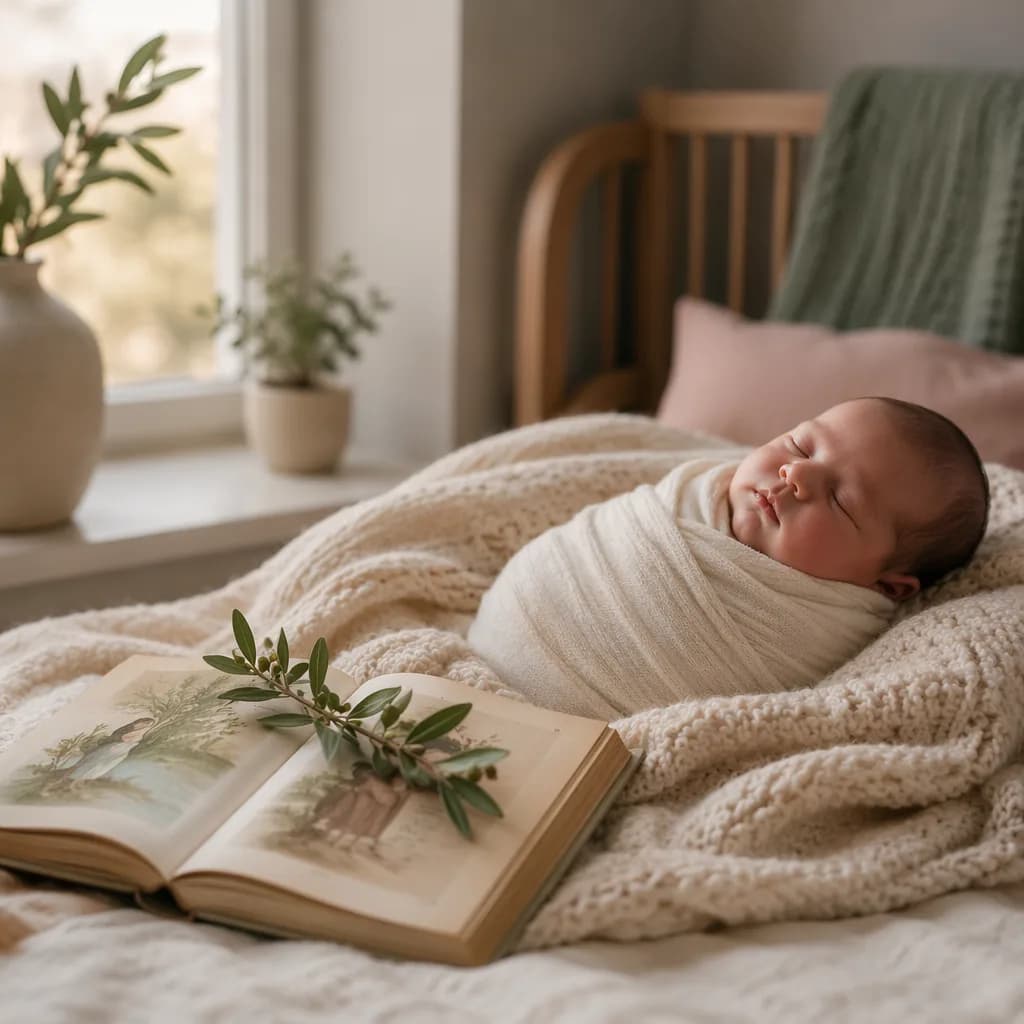 A swaddled newborn in a soft pastel nursery with an olive branch and storybook.
