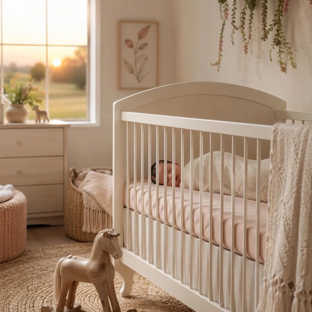 Soft sunrise nursery with a swaddled baby and wooden toy horse, symbolizing Renato Felipe.