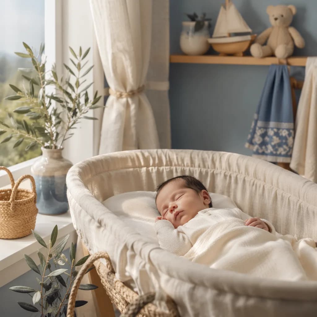 Peaceful newborn in a soft Portuguese-inspired nursery with pastel tones and gentle greenery.