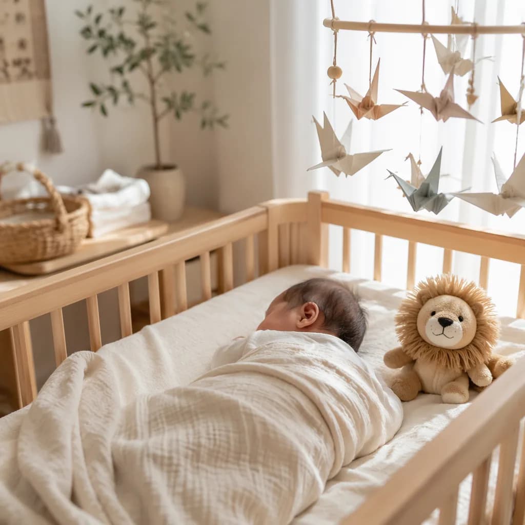 Sleeping Japanese newborn in a soft pastel nursery with a lion plush and origami mobile.