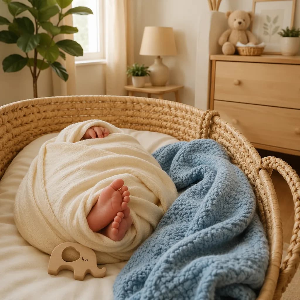 Peaceful swaddled newborn in a cozy pastel nursery.