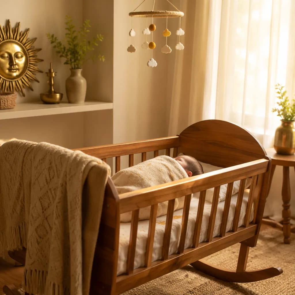 A peaceful swaddled baby in a sunlit pastel nursery with subtle Indian-inspired decor.