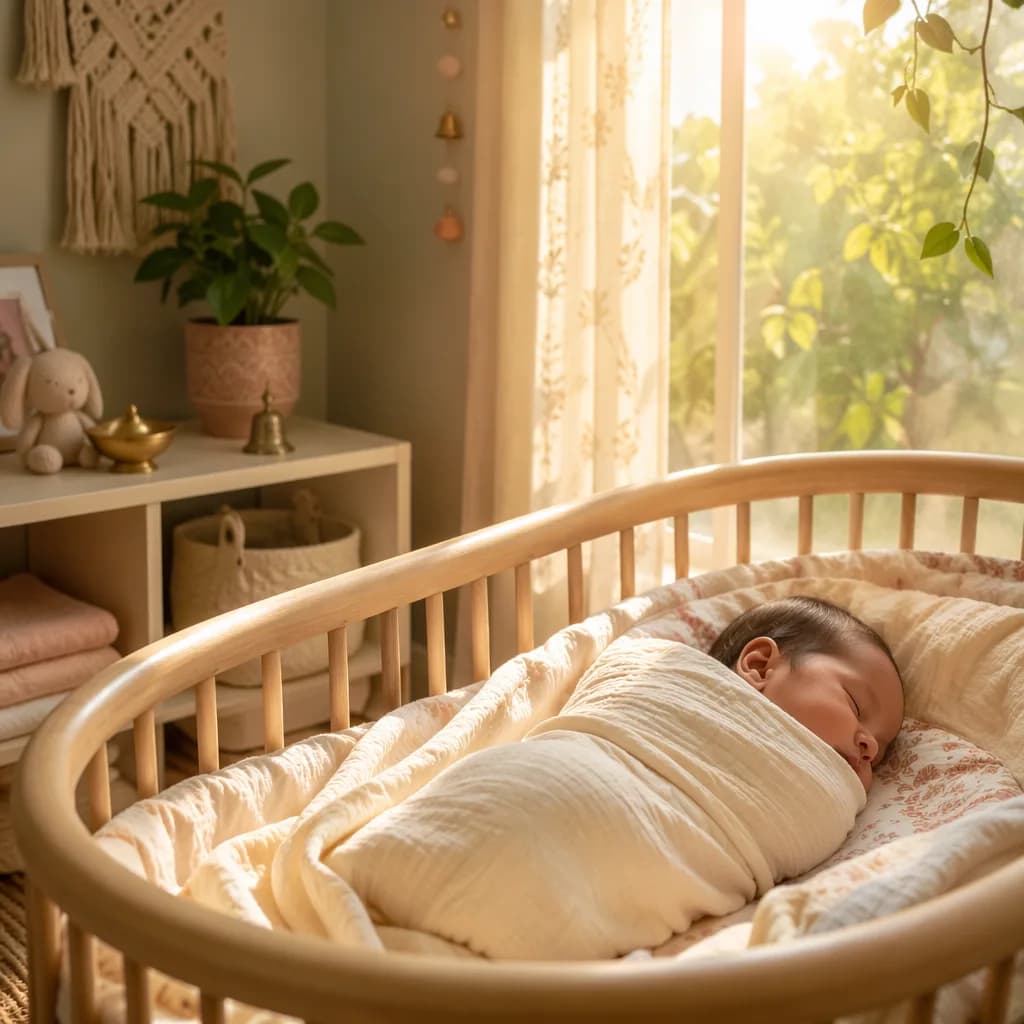 Sleeping newborn in a sunlit pastel nursery with gentle Indian-inspired decor.