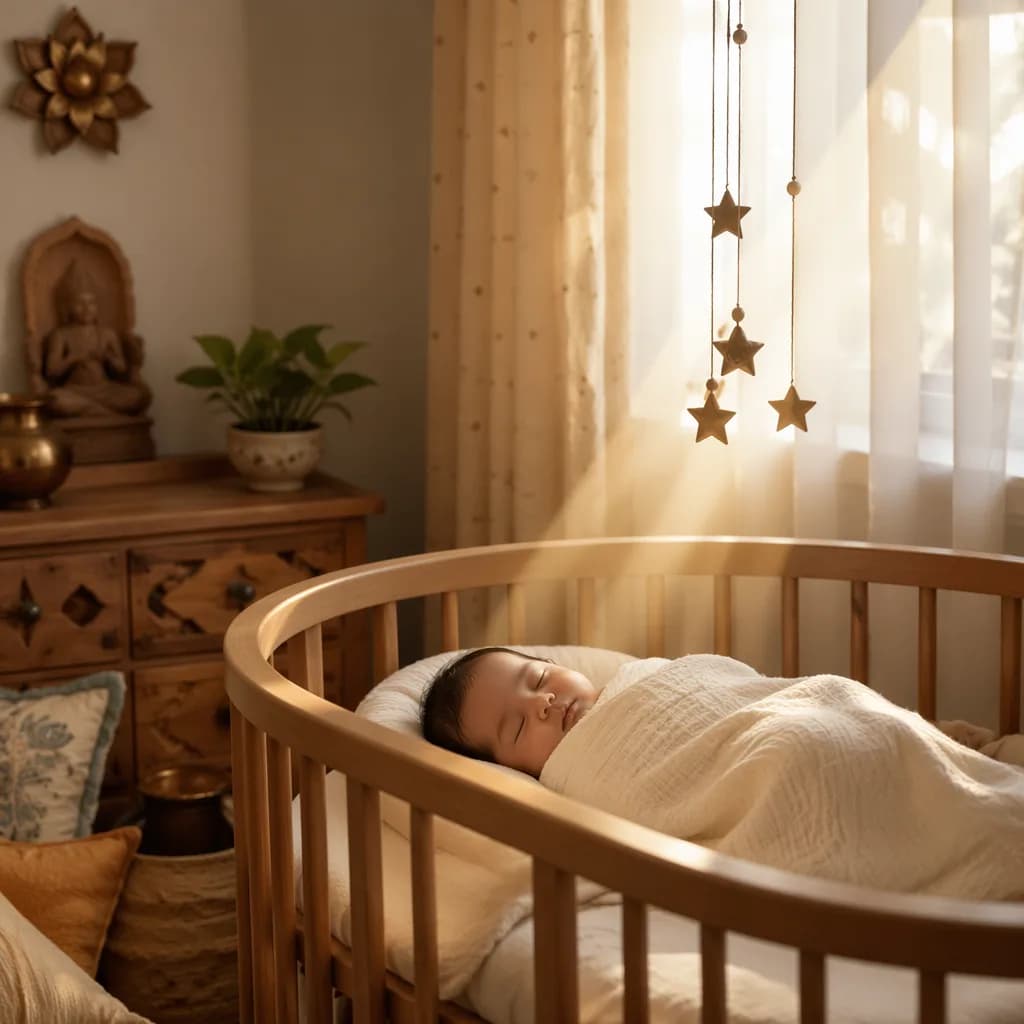 Sleeping baby in a soft pastel nursery with sunlight and a star mobile.