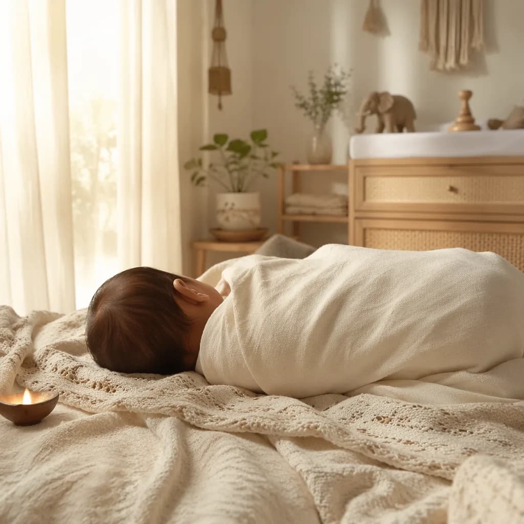 Peaceful swaddled baby in a softly lit nursery with warm morning light.