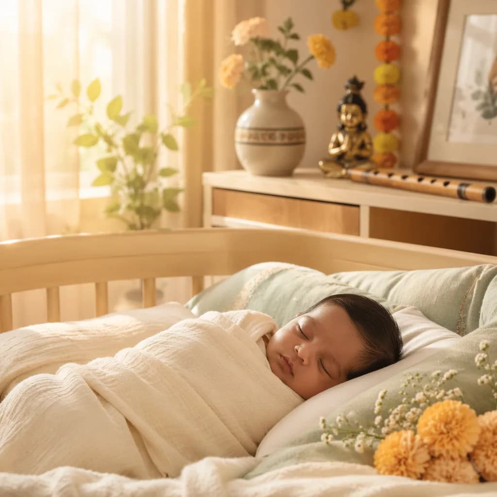 Sleeping baby in a soft pastel nursery with warm sunlight and subtle Indian-inspired details.