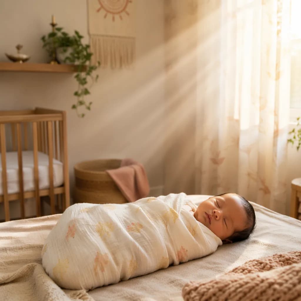 Sleeping newborn in a soft pastel nursery with gentle golden morning light.