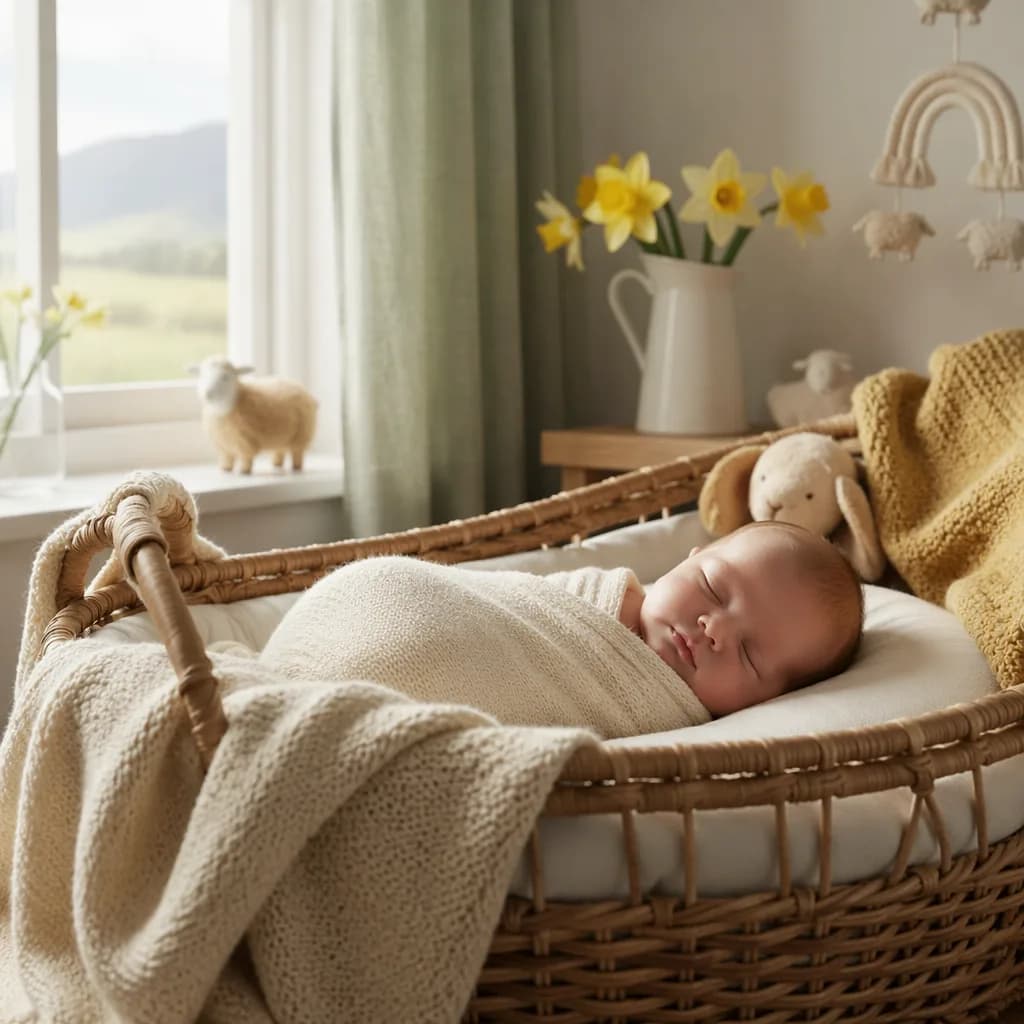 A peaceful swaddled baby in a soft pastel nursery with daffodils and gentle natural light.