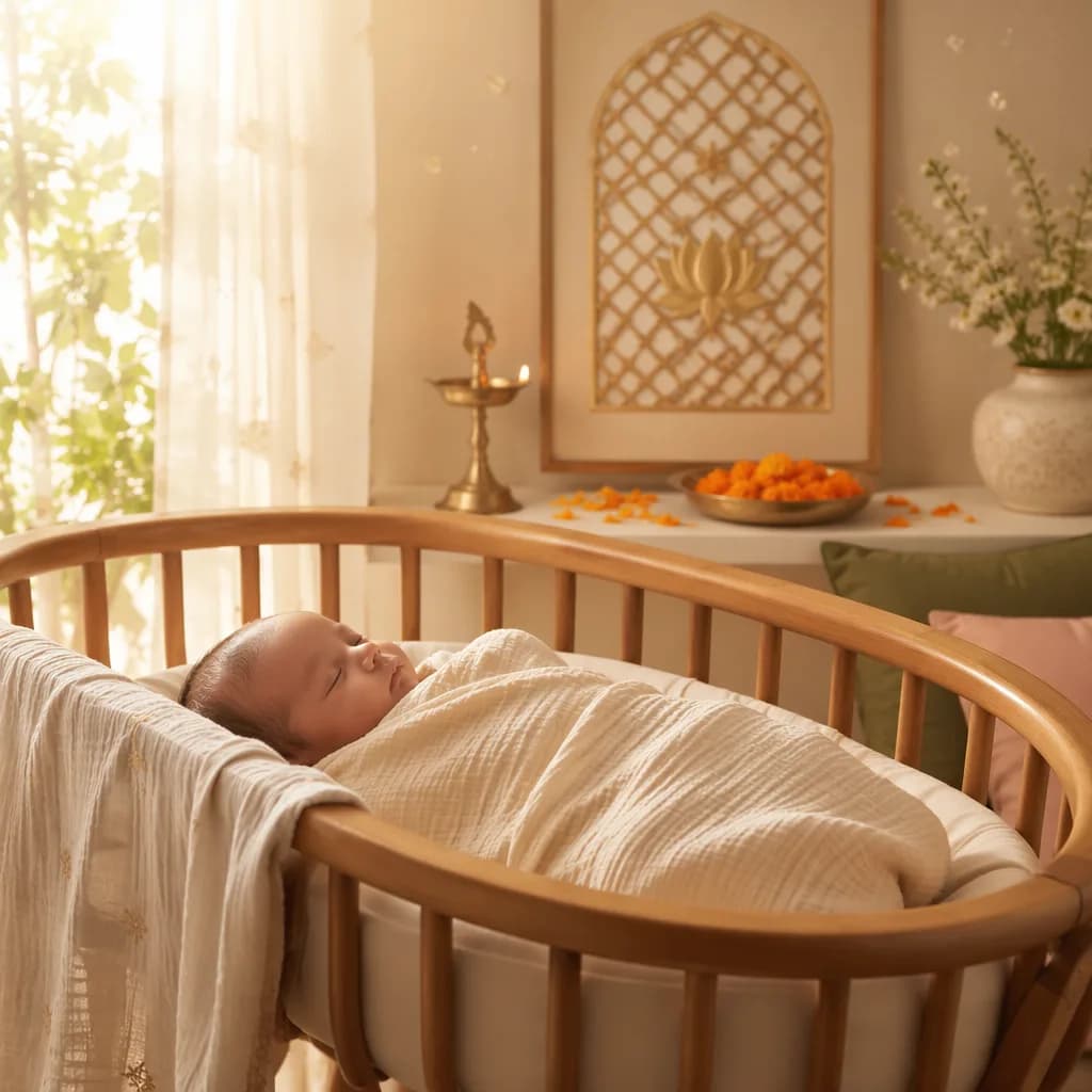 Sleeping swaddled baby in a warm pastel nursery with gentle Indian-inspired accents.