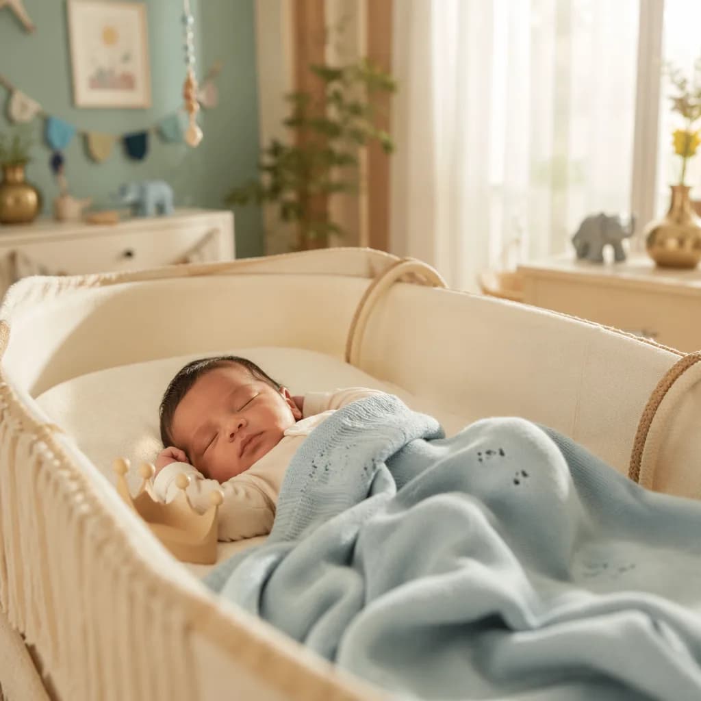 Peaceful baby in a soft pastel nursery with blue water-inspired accents and a small wooden crown toy.