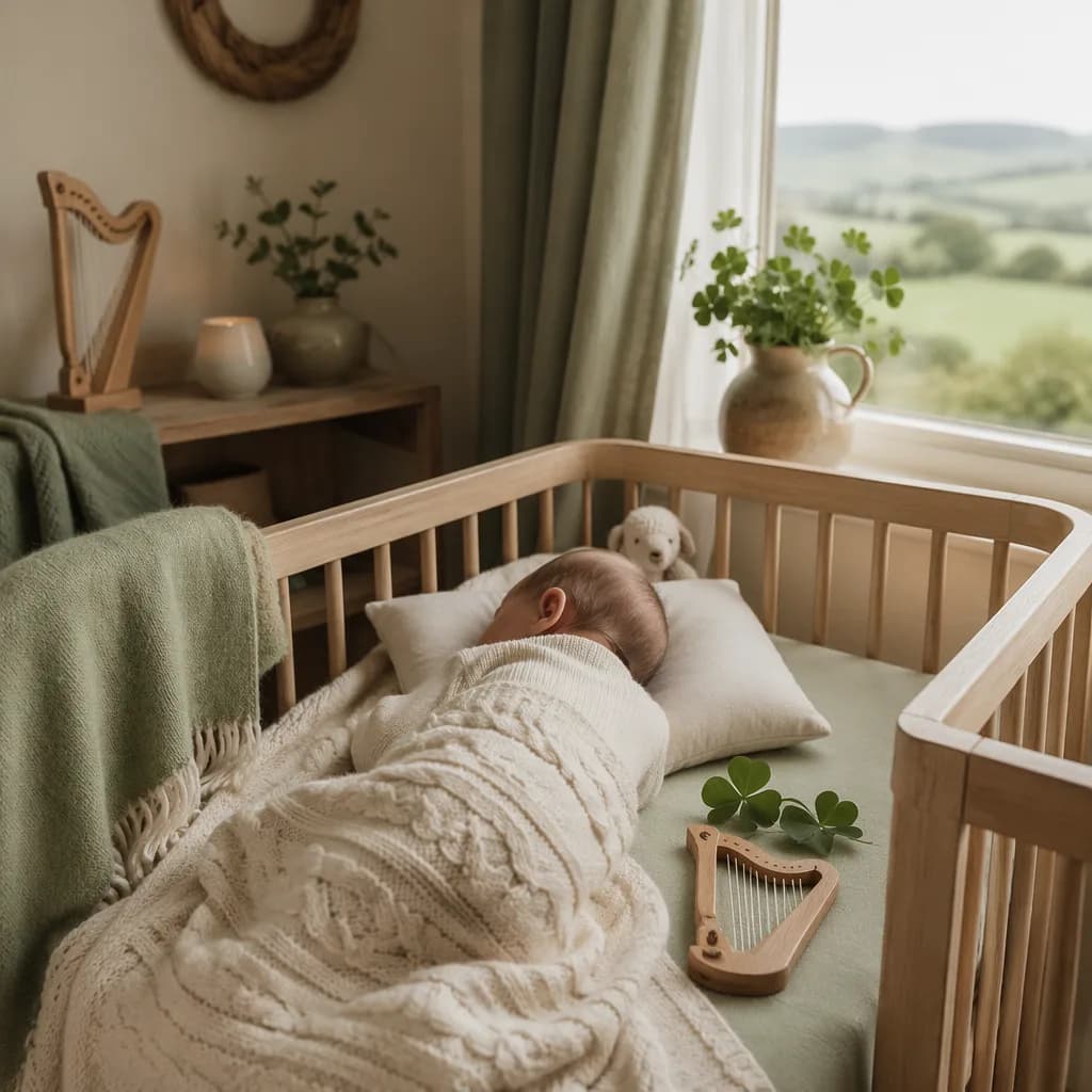 Soft Irish-inspired nursery with a sleeping baby, wool textures, shamrock greenery, and gentle natural light.
