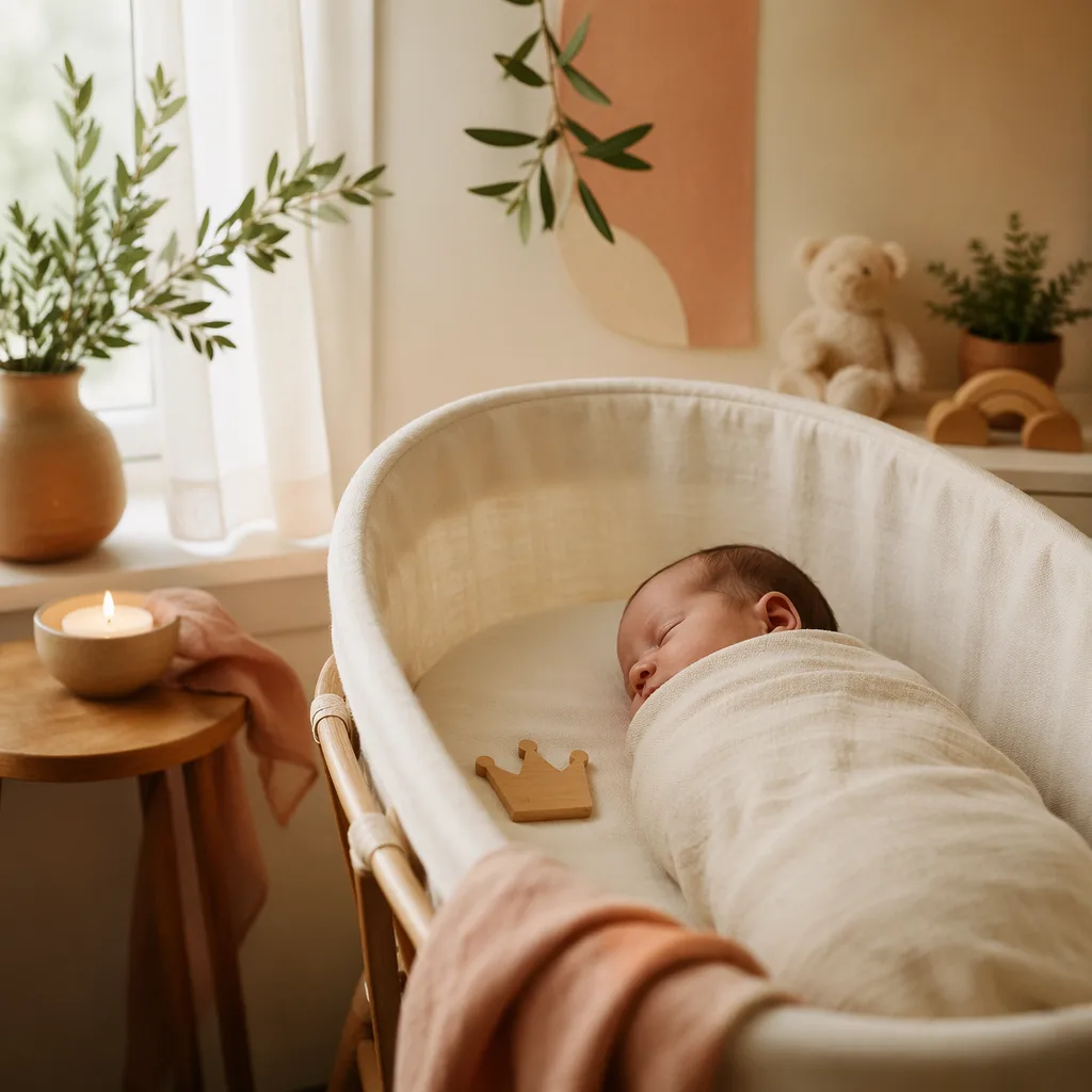 Sleeping baby in a soft Italian-inspired nursery with olive branch and wooden crown charm.