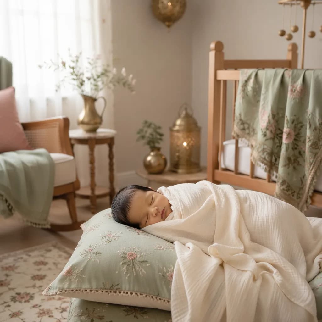 Sleeping newborn in a soft pastel Urdu-inspired nursery with gentle natural light.
